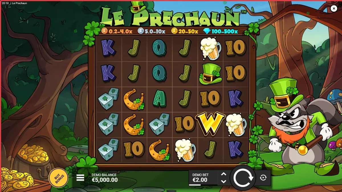 Rakun pemarah dalam setelan hijau di slot Le Prechaun