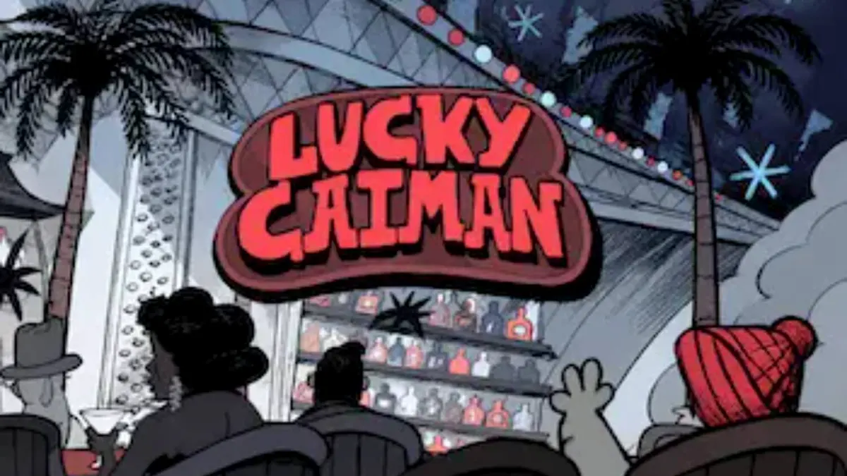 Tampilan visual slot Lucky Caiman dengan karakter buaya di lounge retro