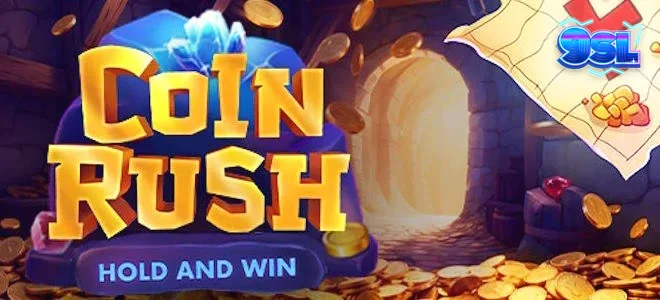 Tangkapan layar gameplay Coin Rush oleh Galaxsys menampilkan gulungan 3x3 yang cerah dengan simbol koin dan kereta progres